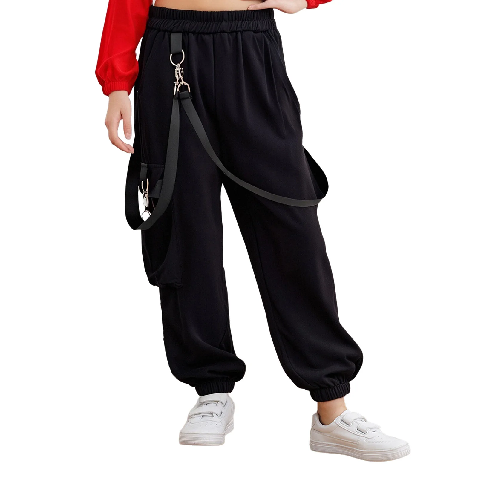 

Kids Girls Casual Cargo Pants Hip-Hop Jazz Dance Pants Elastic Waistband Pockets Trousers with Buckle Straps Fashion Streetwear