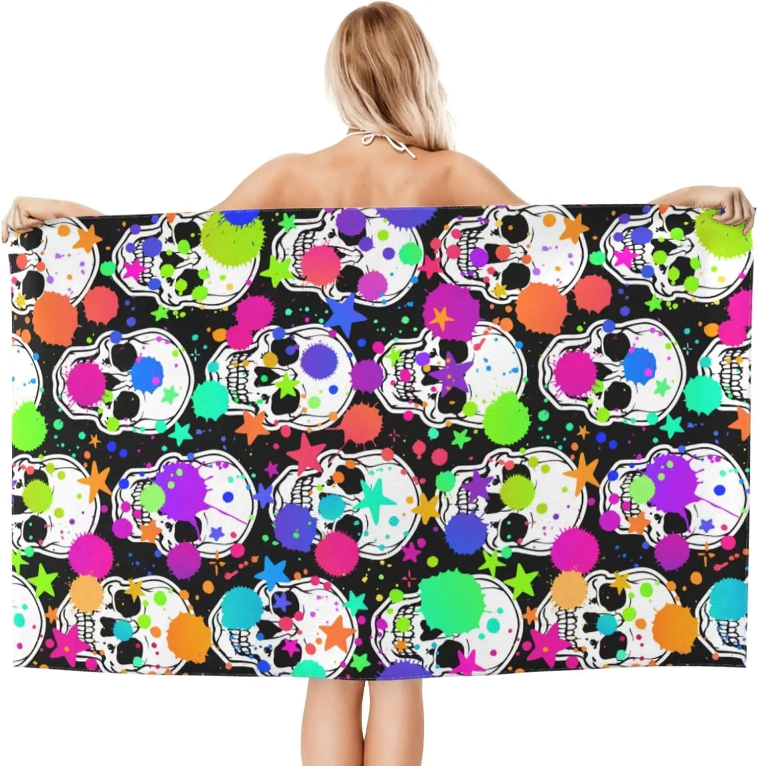 Bright Skull Colorful Splash Beach Towel Large Soft Absorbent Microfiber Quick Dry Oversized Bath Towels for Bathroom Women Men