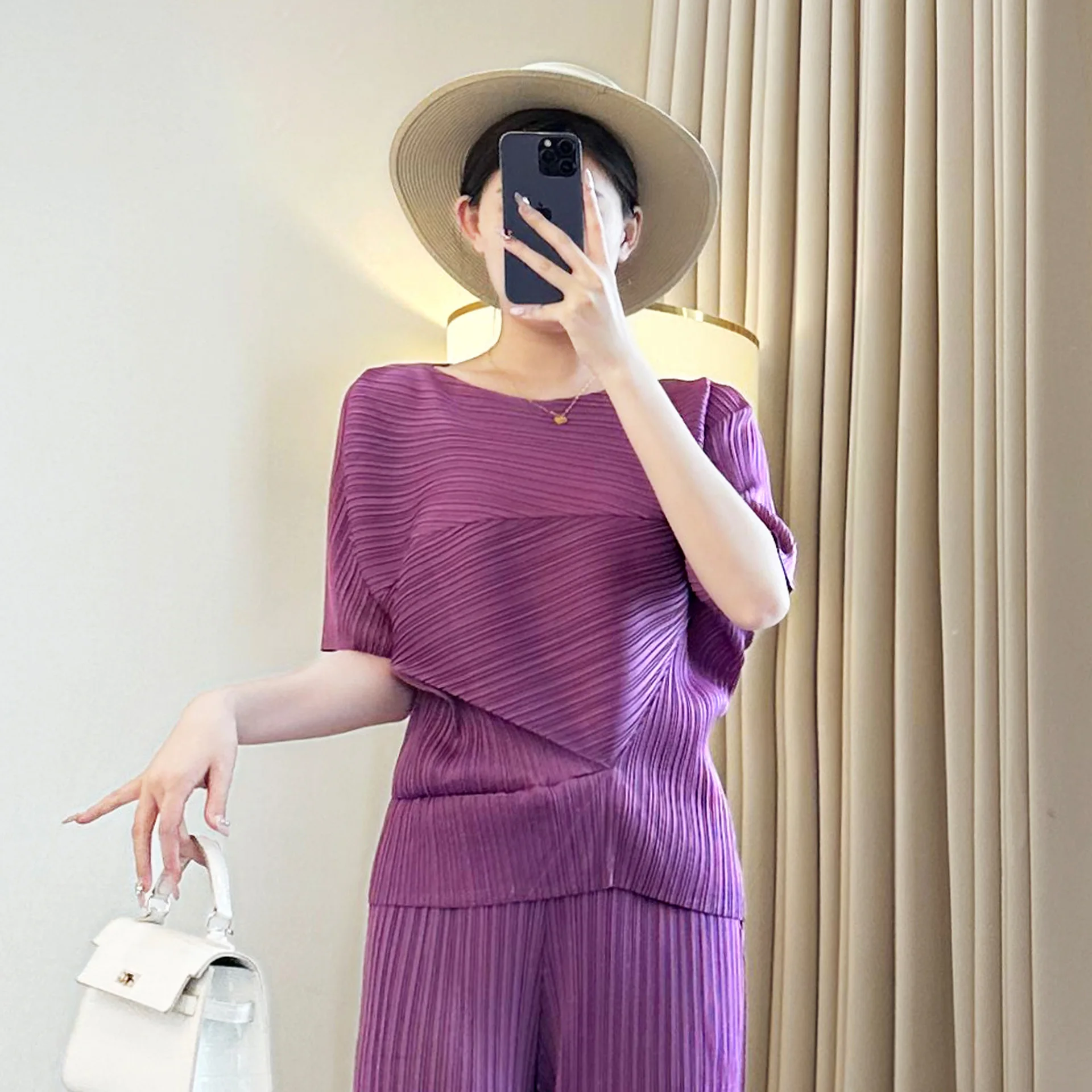 

Miyake 2025 Women's Summer T-Shirt Niche Fashion Wear Irregular Short Sleeve Pleated Top Skinny Half Body Bud Skirt Folds