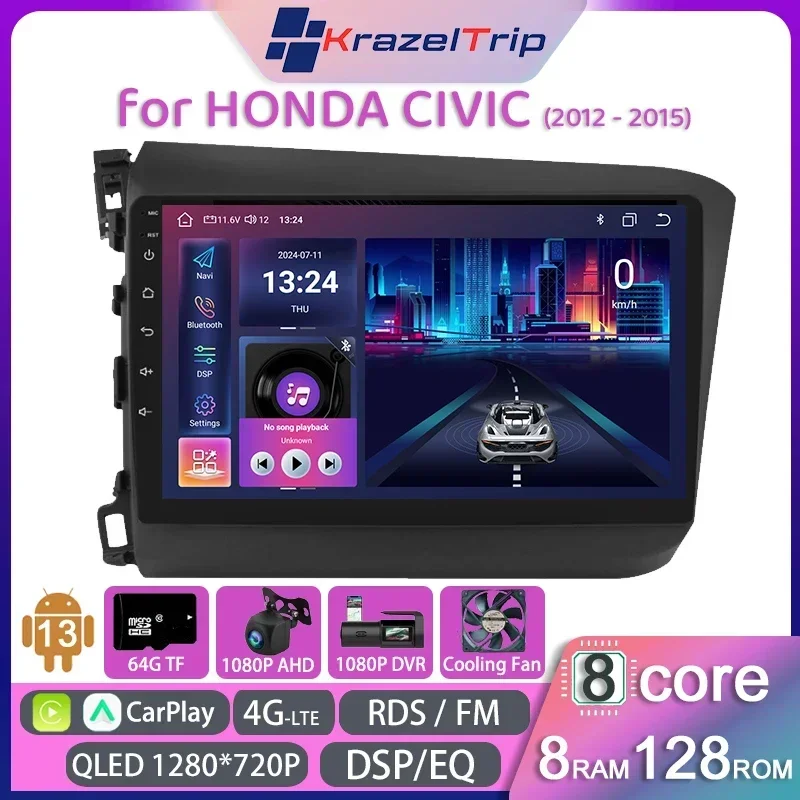 

8 Core QLED Intelligent System Car Radio for Honda Civic 2012 2013 2014 2015 Left Driving Carplay Android Auto GPS 4GLTE DSP RDS