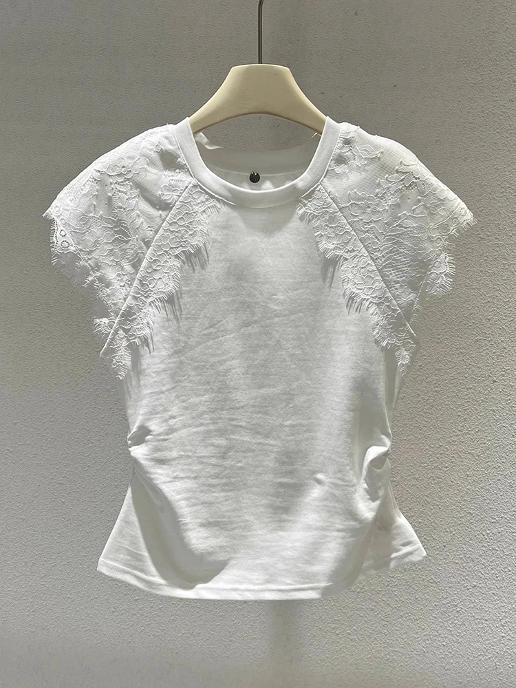 화이트 레이스 트림 스플라이스 라운드 넥 티셔츠 여성 여름 신상 유니크 디자인 감각 슬림 탑 한국 스타일...