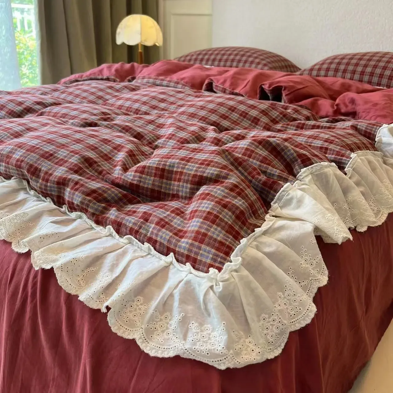 Korean-Style Red Plaid Washed Bedding Set - Vintage Lace Trim 4-Piece/3-Piece Dorm Sheet & Duvet Cover Set