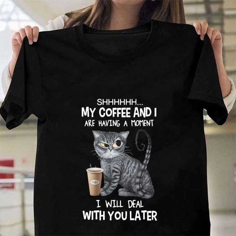 

Funny Personalized Creative Cat Coffee Pattern Printed T-Shirt Casual Funny Outdoor Fashion Round Neck Loose Shirt T-Shirt Top