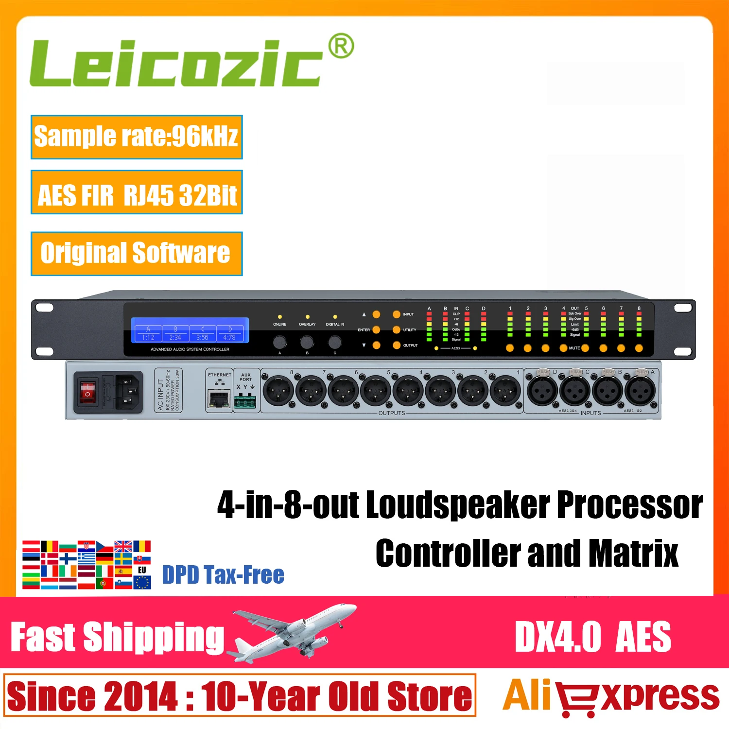 Leicozic 96KHz 32Bit Digital Audio Processor AES FIR 4In 8Out Sound Processor Audio Professional Loudspeaker Management DX4.0