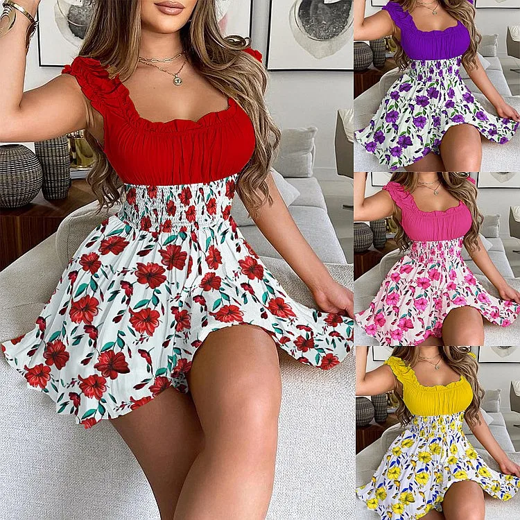 Women's Summer Floral Contrast Waist Slimming Round Neck Dress, Dresses with Smocked Bodice, Jumpsuit Playsuit Midi Overall