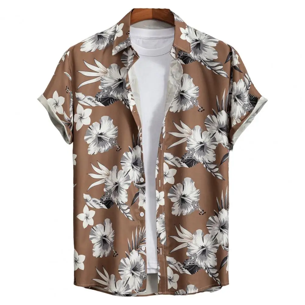 

Summer Flower Printed Hawaiian Shirt Lapel Short Sleeve Men Shirt Buttons Closure Thin Anti-pilling Beach Shirts