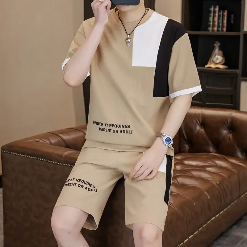 2026 New Men's Oversized Suit Korean High Street Fashion T-shirt Shorts 2 Piece Set Men Trendy O Neck Top Designer Clothes Men