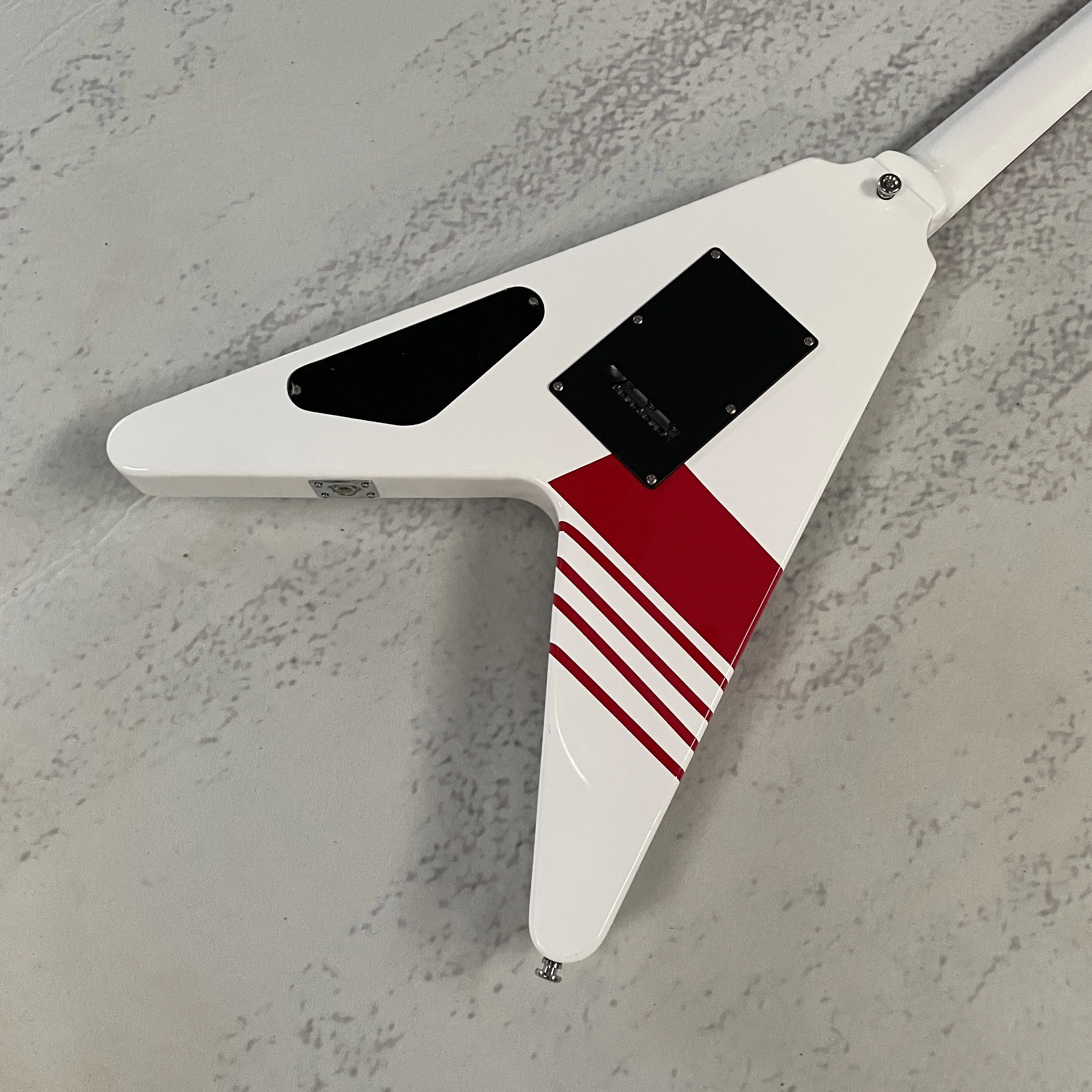 V Shape Electric Guitar, White with Red Stripes, HH Cream Pickups, Double Locking Tremolo, Red LED, Black Hardware