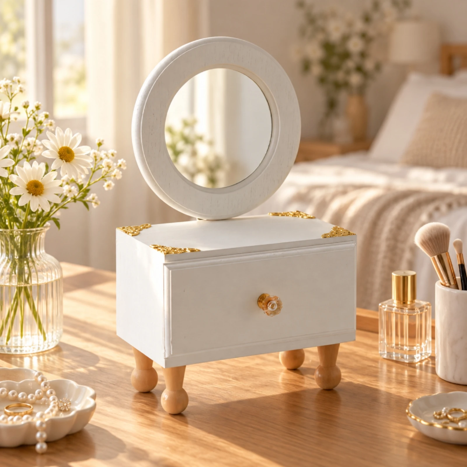 White Jewelry Box with Gold Corner Fittings Elegant Wooden Jewelry Storage Box Sturdy Giftable for Vanity Area, Dressing Table