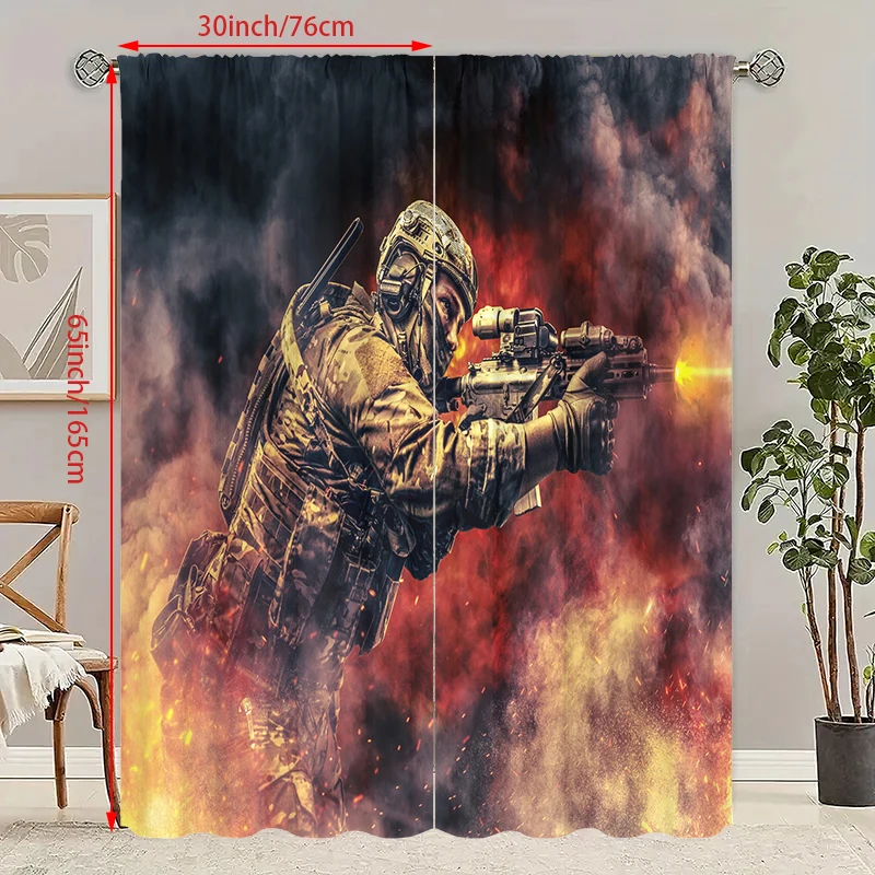 2PCS- Warrior -HD Printed Curtain - Polyester material - suitable for bedroom, living room, study (customizable)