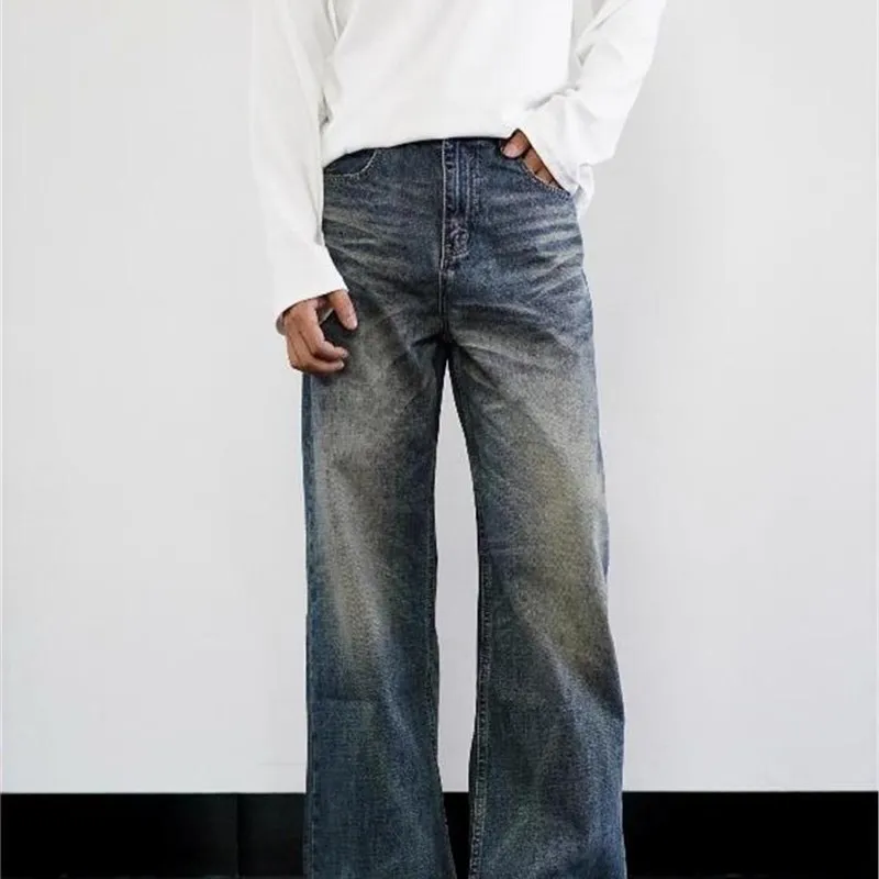 

Повседневные мужские джинсы с талией, американские винтажные драпированные свободные осенние длинные брюки, молодежная трендовая устойчивая одежда