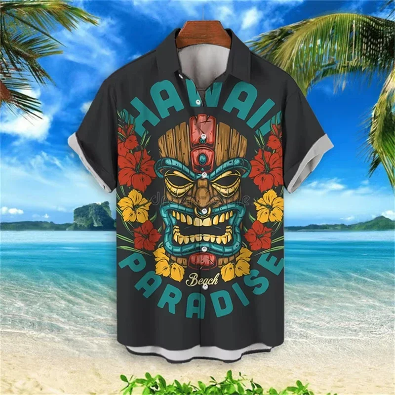 3d Tiki Print Hawaiian Shirts For Men Retro Men's Shirt Loose Casual Male Clothing 2027 New Fashion Trend Man Short Sleeve