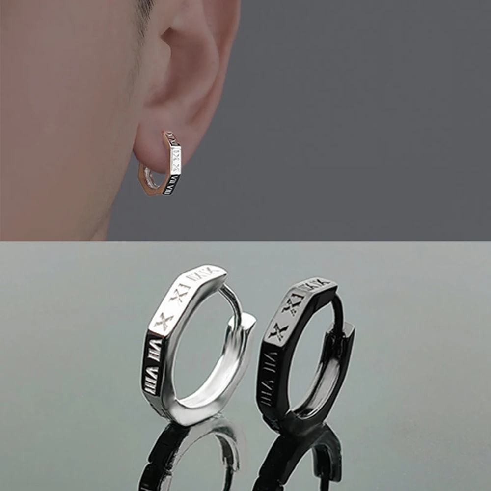 Korean Roman Numerals Black Stud Earrings for Teens Unisex Stainless Steel Simple Small Hoop Earrings Man Unusual Punk Jewelry