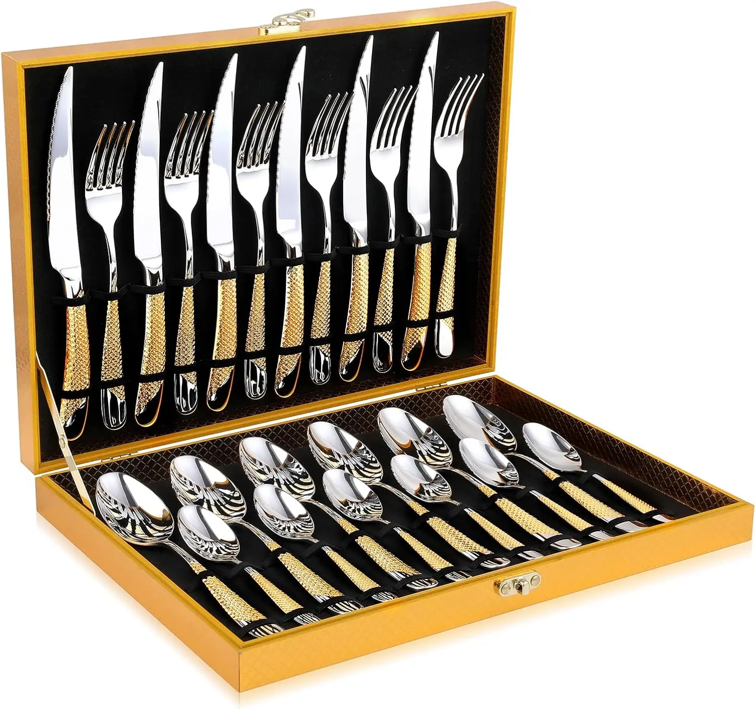 

Hammered Silver Gold 24-Piece Stainless Steel Flatware Set, Service for 6, Durable and Elegant