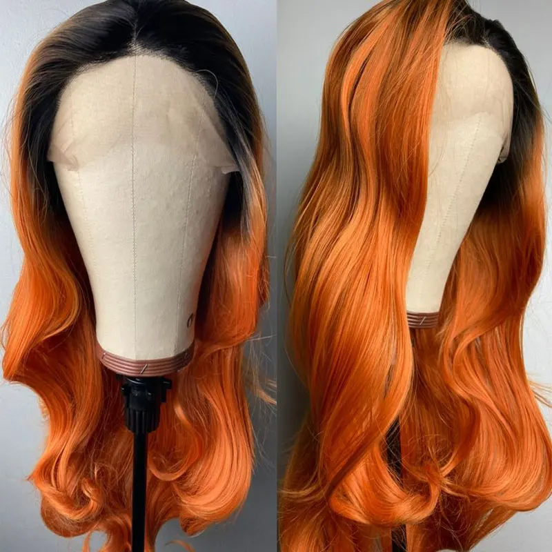 Peluca de pelo ondulado Natural naranja ombré, pelucas frontales de encaje sintético 13x4, pelo de fibra resistente al calor de alta calidad, separación libre para mujeres