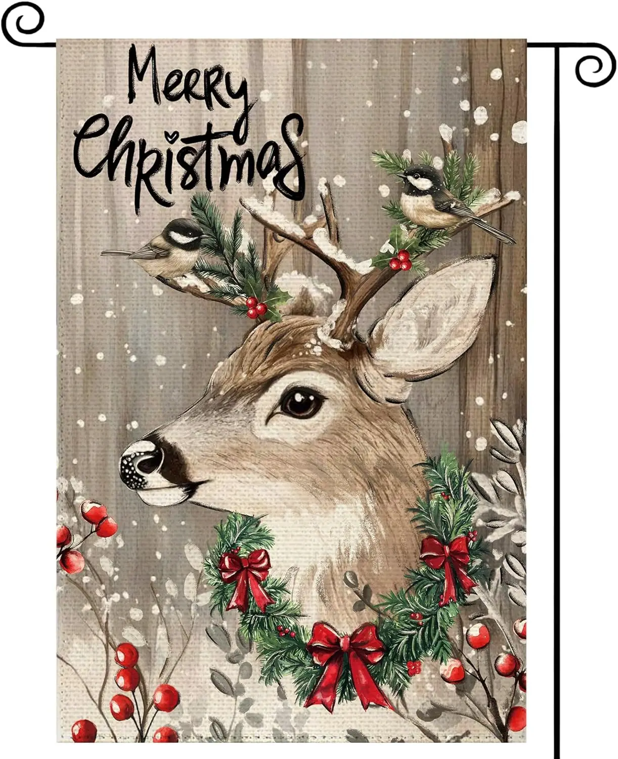 Christmas Wood Grain Deer Welcome Garden Flag 12x18 Inch Double Sided, Xmas Berry Pine Winter Snowflake Burlap Small Yard Fl EEZ