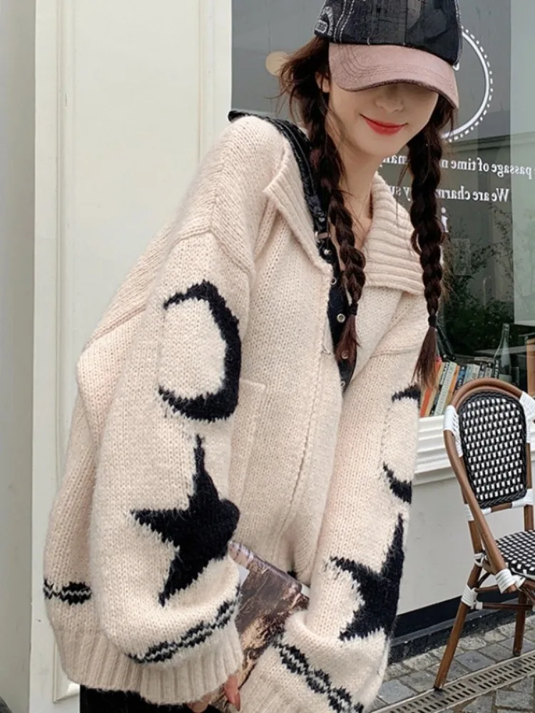 Streetwear Vintage Zipper Cardigan Women Star Knitted Contrast Turn-down Collar Sweater Coat Y2k Aesthetic Loose Tops All Match