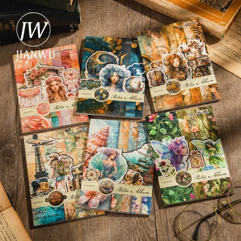 JIANWU Retro Album Series Vintage Character Flower Label Material Collage Sticker Book Creative DIY Journal Stationery