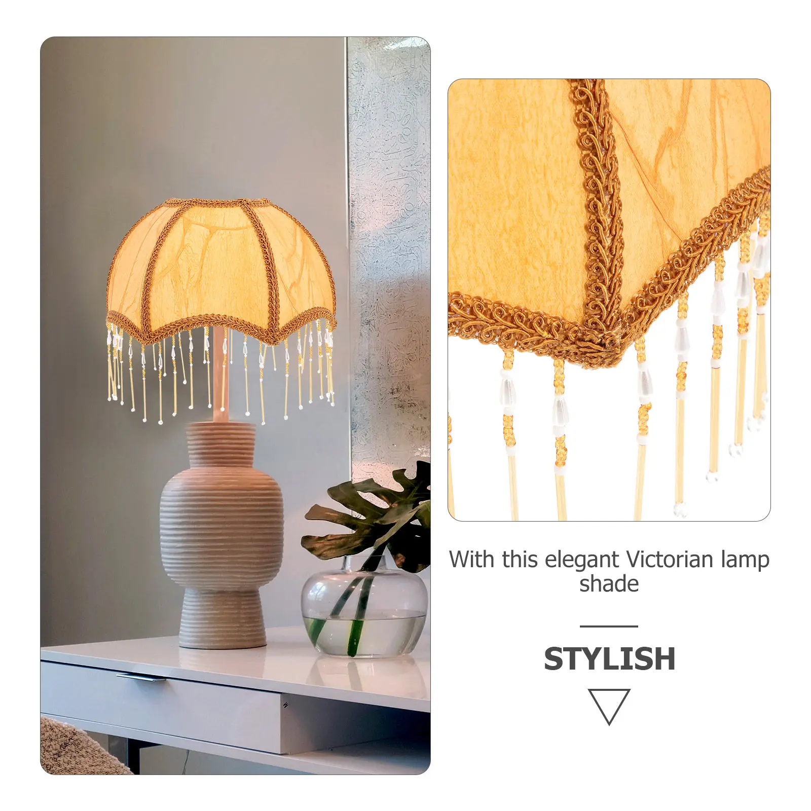 E27 Retro Cloth Lampshade Light Brown Victorian Fringe Tassel Table Lamp Shade Vintage Fabric Lamp Cover Egg Lampshade