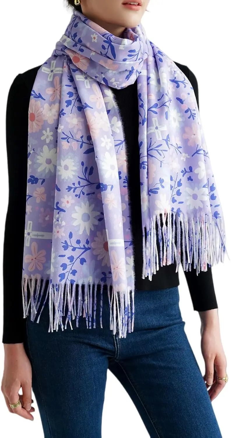 Purple Prayer Shawls for Women Christian Floral Blanket Scarf with Cross,Wrap Scarf for Teacher Mother Church Gifts