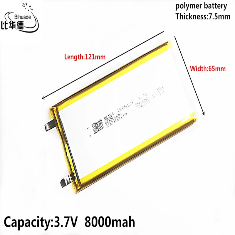 

10pcs 3.7V Lithium polymer 8000mAh 7565121 Soft package battery For Power Bank Bluetooth Speakers Tablet DVD battery