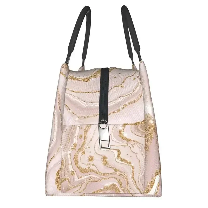 Gold And Cream Marble Pattern Thermal Insulated Lunch Bags Women Geometric Print Portable Lunch Tote Multifunction Meal Food Box