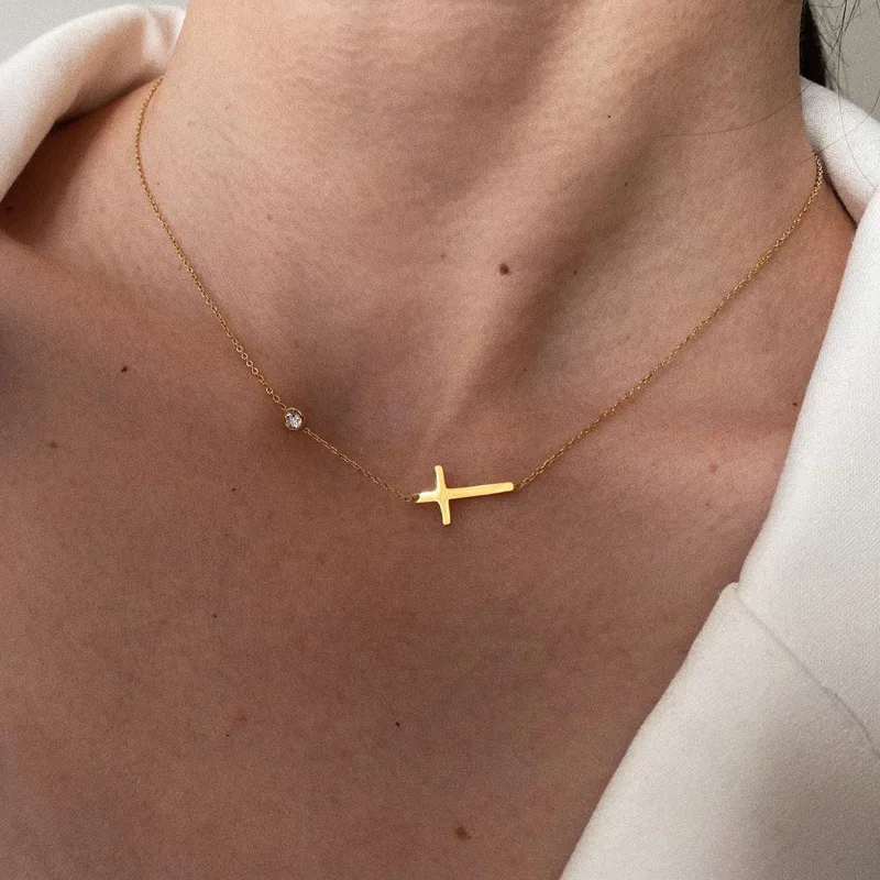 DIEYURO 316L Stainless Steel Simple Cross Charm Necklace Necklace Bracelet For Women New Vintage Lady Jewelry Set Party Gift image 3