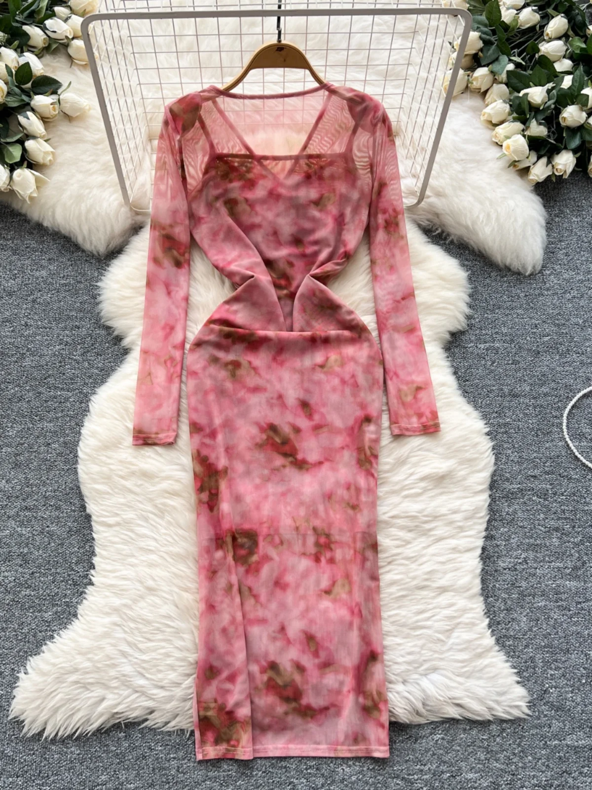 Ele Women's Crossed Belted High Waist A-Line Dr with Base Tank Top Two-Piece Set for Autumn Winter Korean Sle