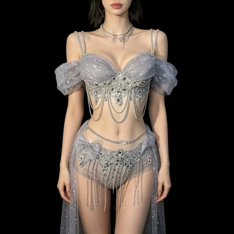 Women's Sexy Diamond-Encrusted Tassel Bikini Electric Dance Costume with Chains for Nightclub DJ Party Singer Dancer Stage Wear