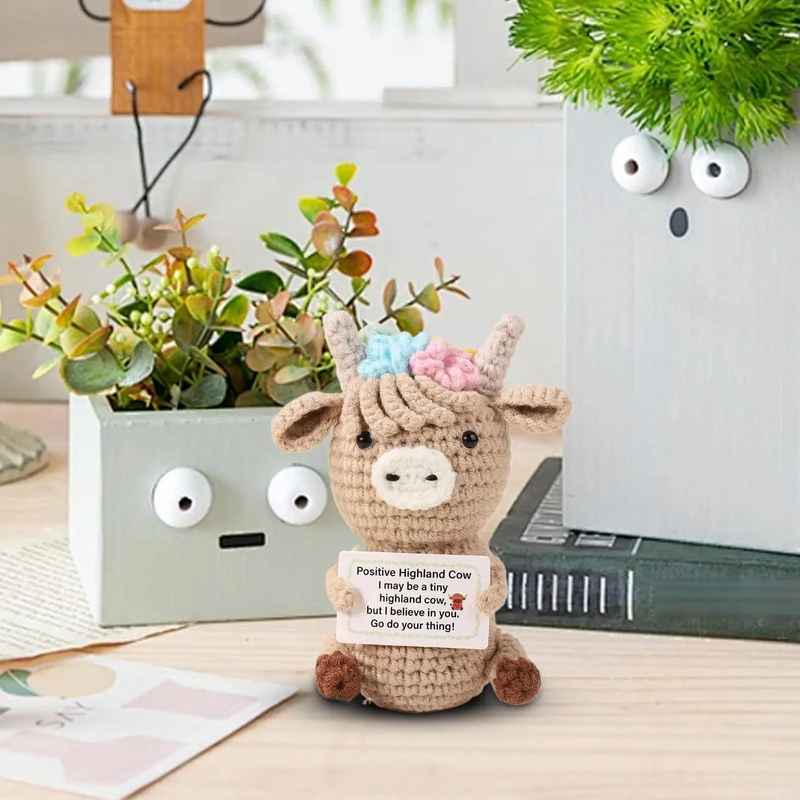 دمية كروشيه هايلاند بقرة لطيفة عاطفية دمية كروشيه صغيرة إيجابية تماثيل زخرفية #5