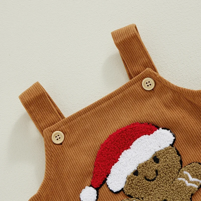 Christmas Newborn Baby Boys Girls Rompers Clothes 0-18M Gingerbread Man Hat Embroidery Sleeveless Button Jumpsuits Overalls