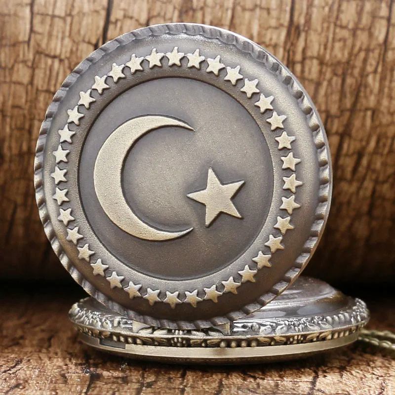 Antike Bronze Türkei Flagge Design Männer Frauen Quarz Taschenuhr Carving Mond Sterne Anhänger Halskette Kette Uhr Reloj de bolsillo