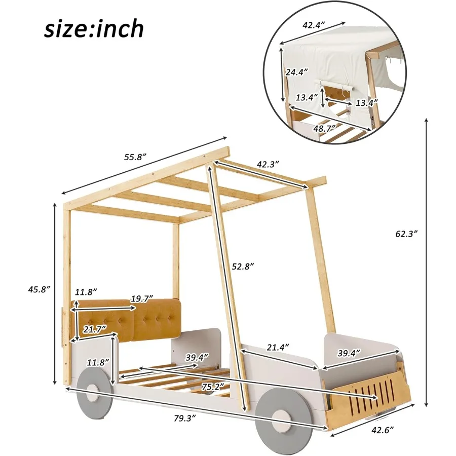' twin-size car-shaped platform bed for boys and girls, solid wood frame with back cushion and ceiling cloth, natural color, du