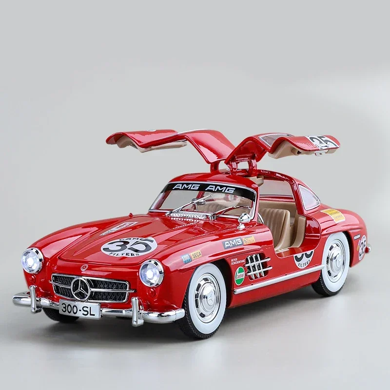 1:24 Mercedes-Benz 300SL zmodyfikowany pojazd aluminiowy Model samochodu dźwięk i światło wycofać zabawki dla dzieci kolekcje prezent urodzinowy