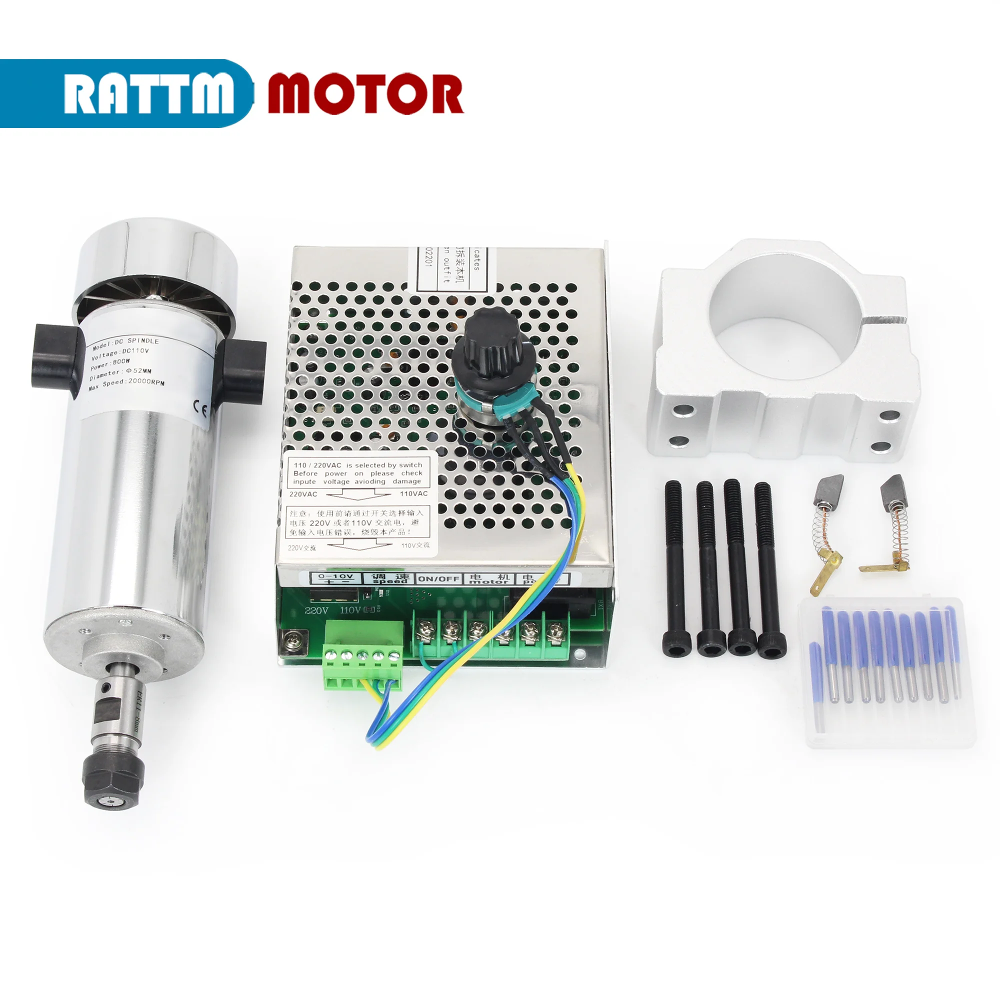 【800W DC】Air cooled Spindle Motor ER11 110V / 220V CNC Kit 52mm 20000rpm + Speed Controller Governor with Power Supply