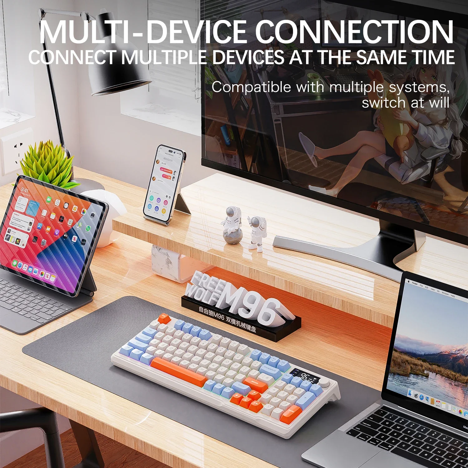 Imagem -03 - Wireless Bluetooth Wolf Gaming Keyboard Dual-mode Conexão Multi-dispositivo Tela Eletrônica Ergonomia M96