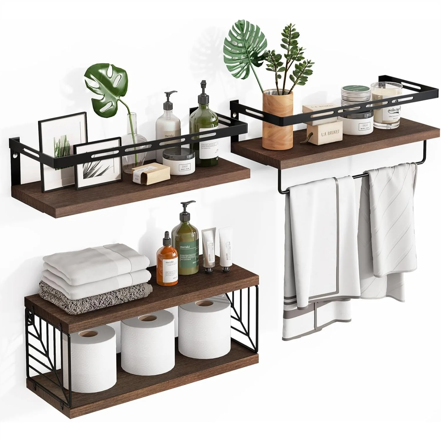 

Wall Mounted Bathroom Shelves Over Toilet, Rustic Wood Floating Shelves with Towel Bar, 3 Plus 1 Dark Brown