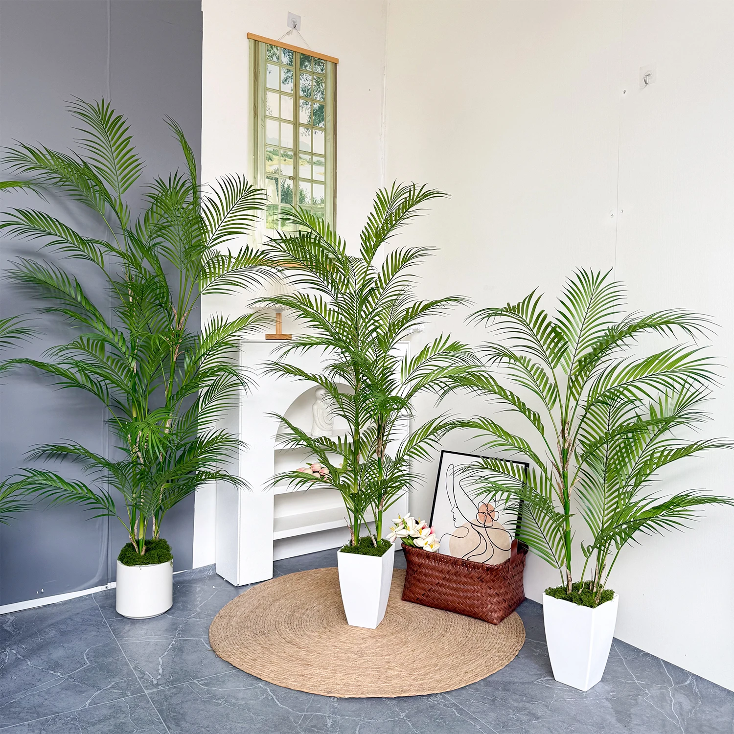 Rama de palmera Artificial de 80-190cm con maceta de plástico, adorno para casa interior y exterior, planta falsa para decoración de tienda, jardín y habitación