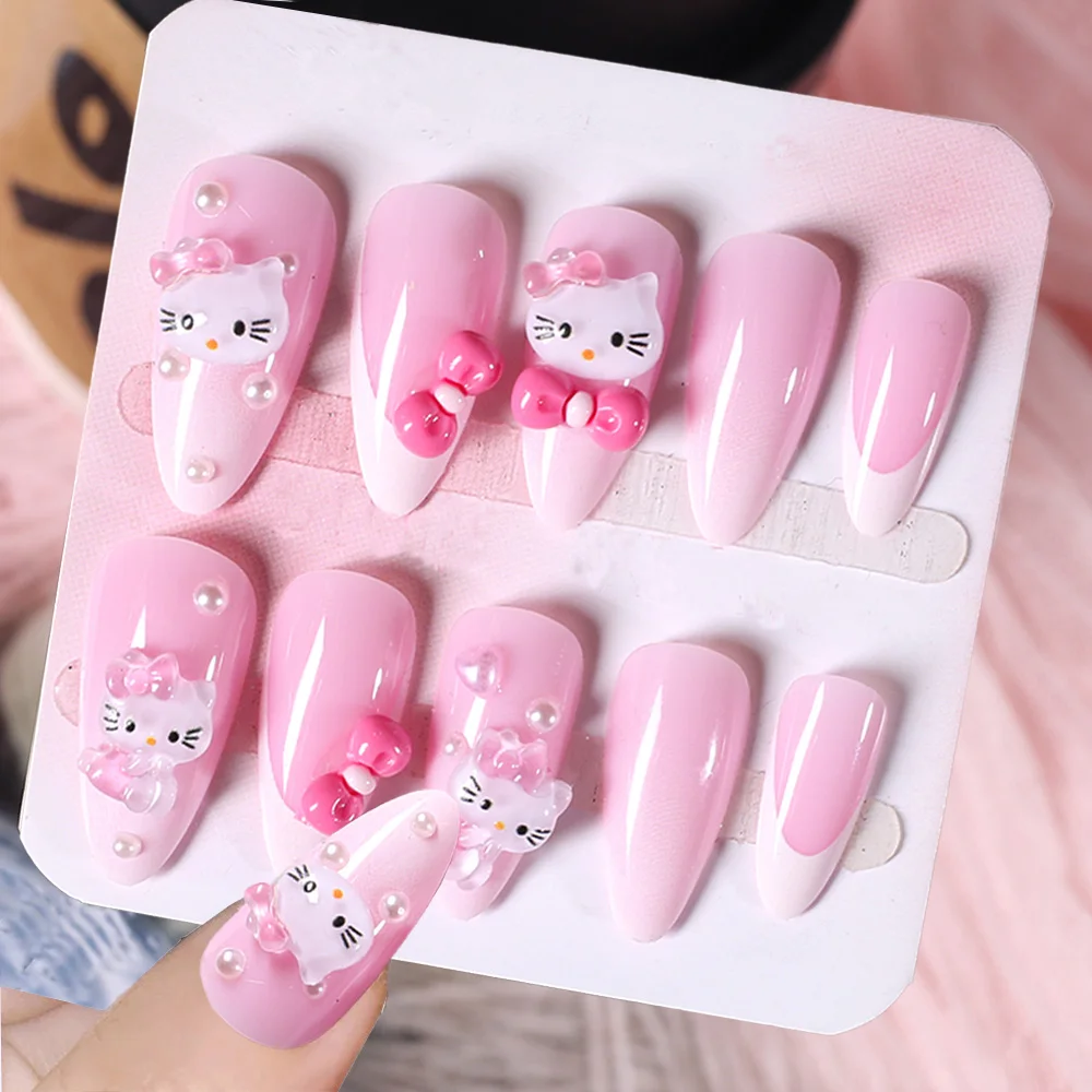 24Pcs Pink Almond Hello Kitty press on Fake nails Lovely Cartoon Kitty Head Bow Nail tips Y2k False nails Patches for Girls Gift