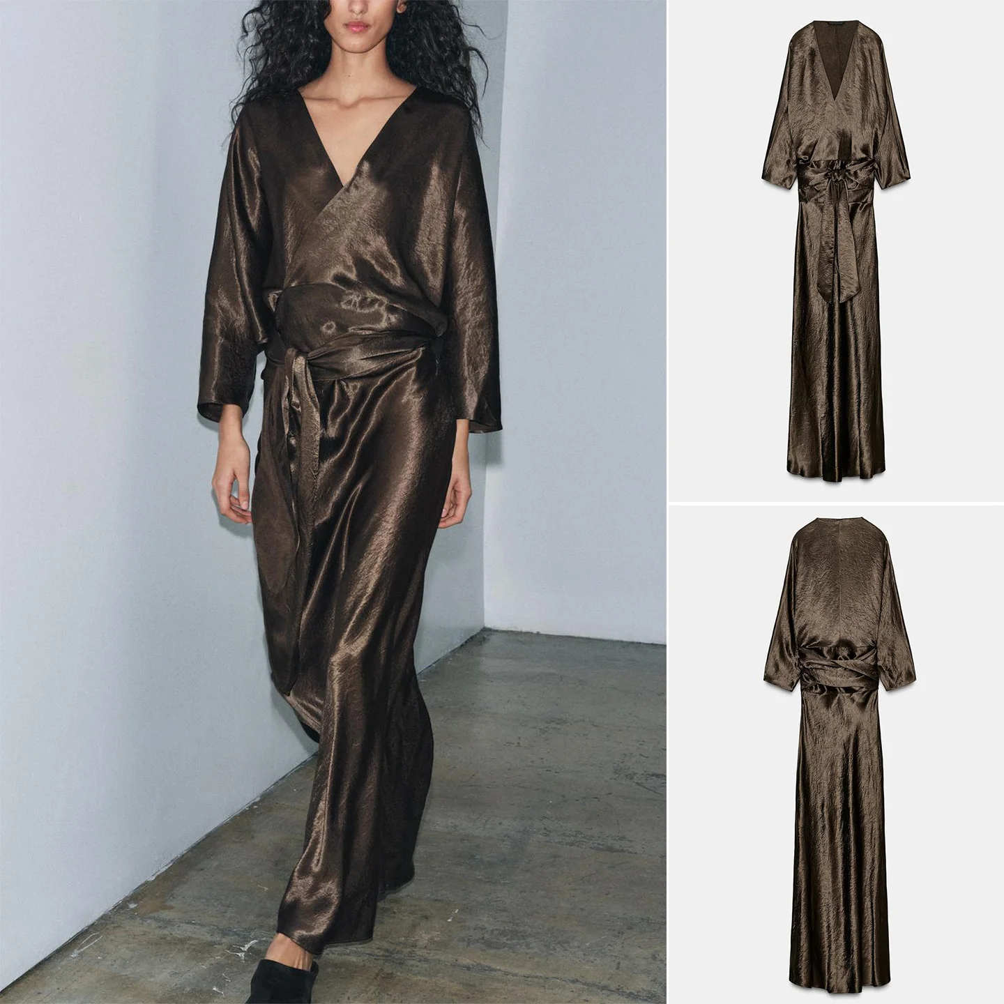 Winter New Arrival Women's Dr  Knot Belt V-ne Long Sve Satin Double-breasted Dr Casual Sle Ci Commute