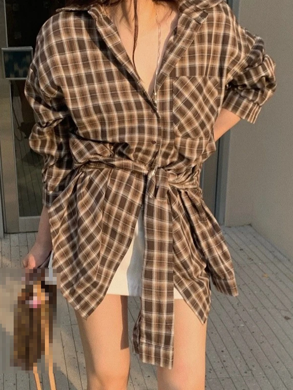 

Retro Korean Plaid irt Women's Long Sve Slim Fit Top Waist-Cinching Design Autumn Trendy Sle Girls irt