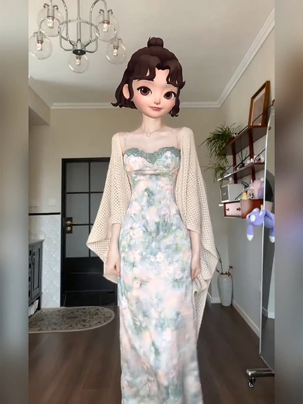 Retro Bloemenprint Strapl Lange Dr Dames Zomer 2025, Nieuwe Hoge Taille Afslankjurk Koreaanse Sle A-lijn Midi Dr