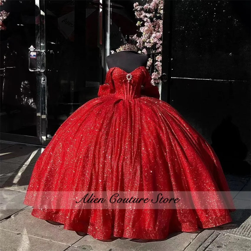 Glitter Emerald Green Diamonds Quinceanera Dresses Princess Pearls Corset Applique Vestidos 15 Quinceañera Lace-up Customized