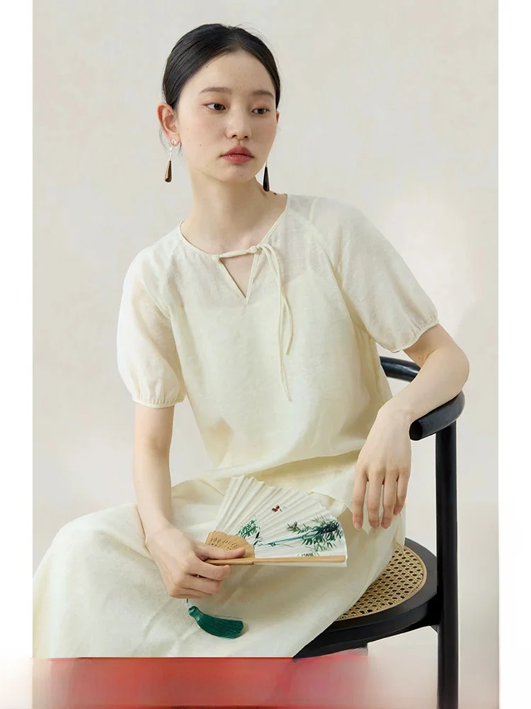 

Chinoiserie Style Women's Shirt Skirt Set Mid-Length A-Line Skirt High Waist Tassel Detail Loose Fit Summer Collection