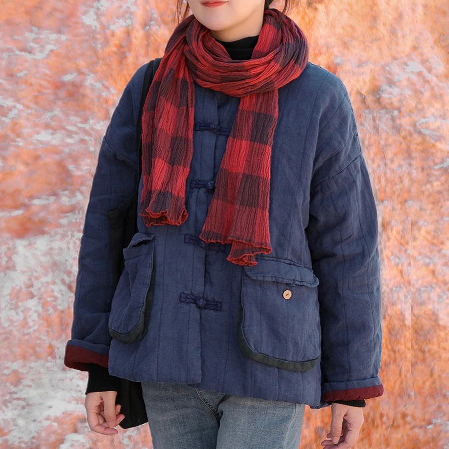 LZJN Winter Warm Cotton Padded Coat Chinese style Thickened with Lapel Pure Color Chinese Style Casual Short Cotton