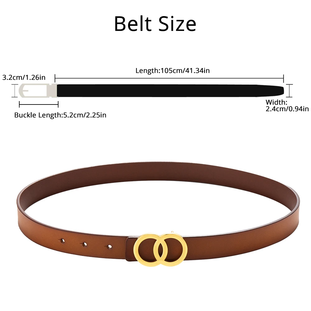 Luxury Designer Brand Leather Belt for Women with Double Ring Golden Alloy Buckle for Dress Jeans Ladies 2.4cm Wide Casual Strap