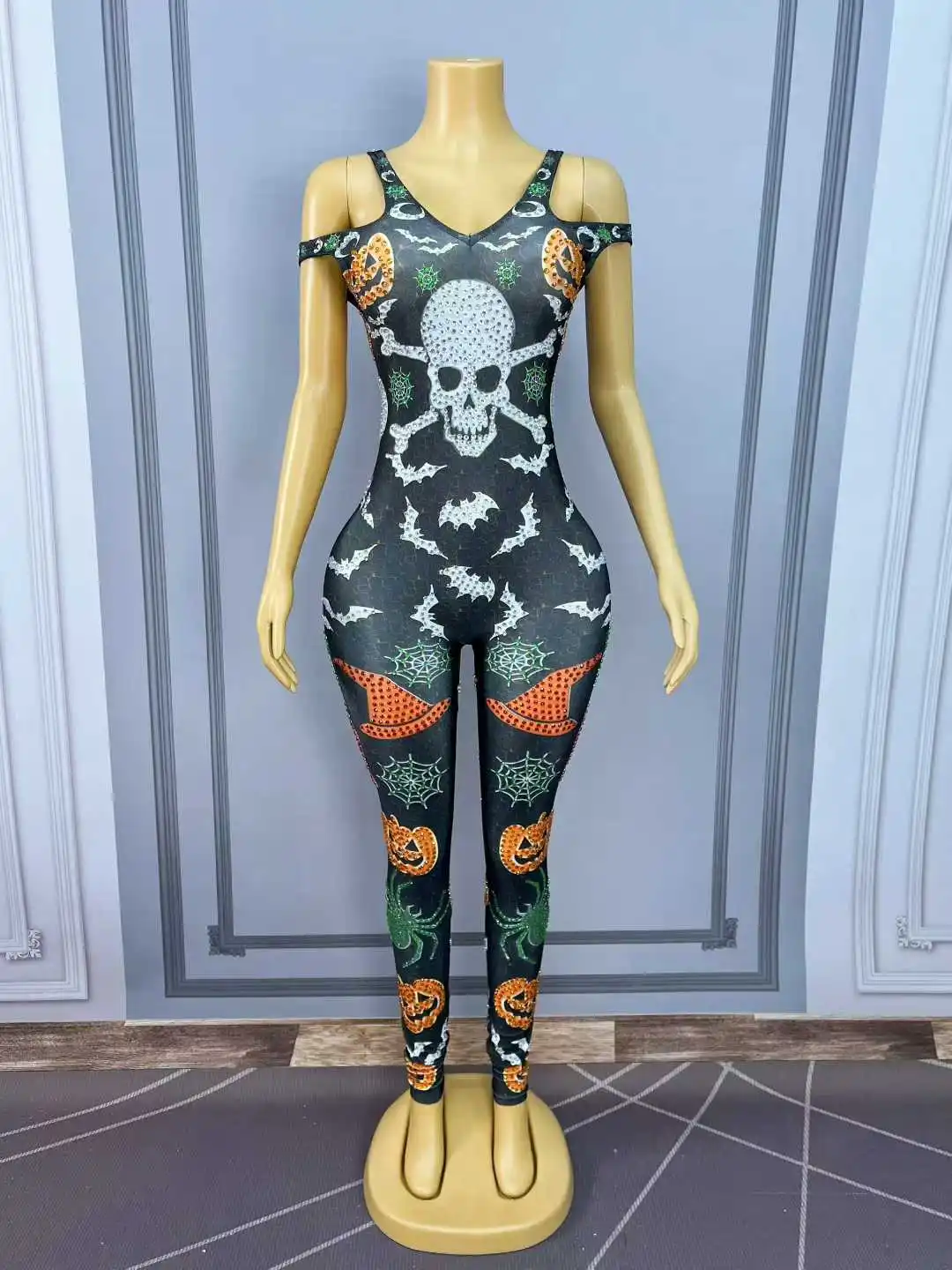 섹시한 할로윈 프린팅 반짝이는 라인스톤 장식 점프수트 파티 축하 쇼 클럽 의상 무대 공연복