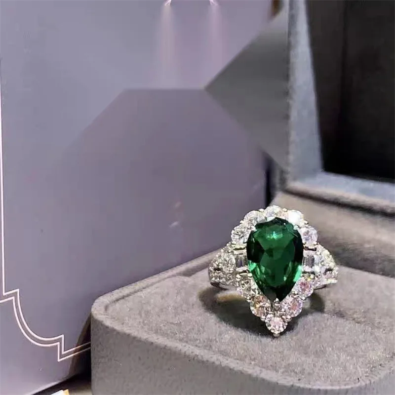 Elegant Water Drop Lab Emerald 925 Silver Color Rings for Women Exquisite Zircon Inlay Wedding Engagement Bridal Fine Jewelry