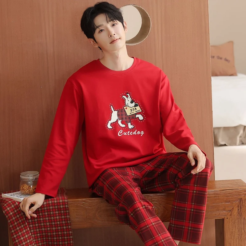 

2026 Spring Long Sleeve 100% Cotton Casual Plaid Pajama Sets for Men Korean Loose Sleepwear Pyjama Male Homewear Home Clothes