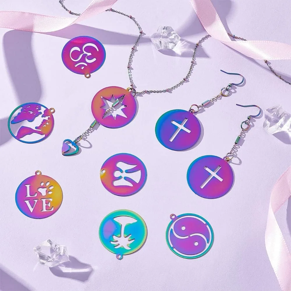 32Pcs 8Styles Rainbow Color Flat Round Pendants 201 Stainless Steel Pendants Hollow Star Dangle Charms for DIY Bracelet Necklace
